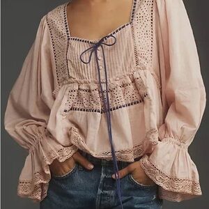By Anthropologie Pink Embroidered Eyelet Peasant Blouse Pink Small Petite